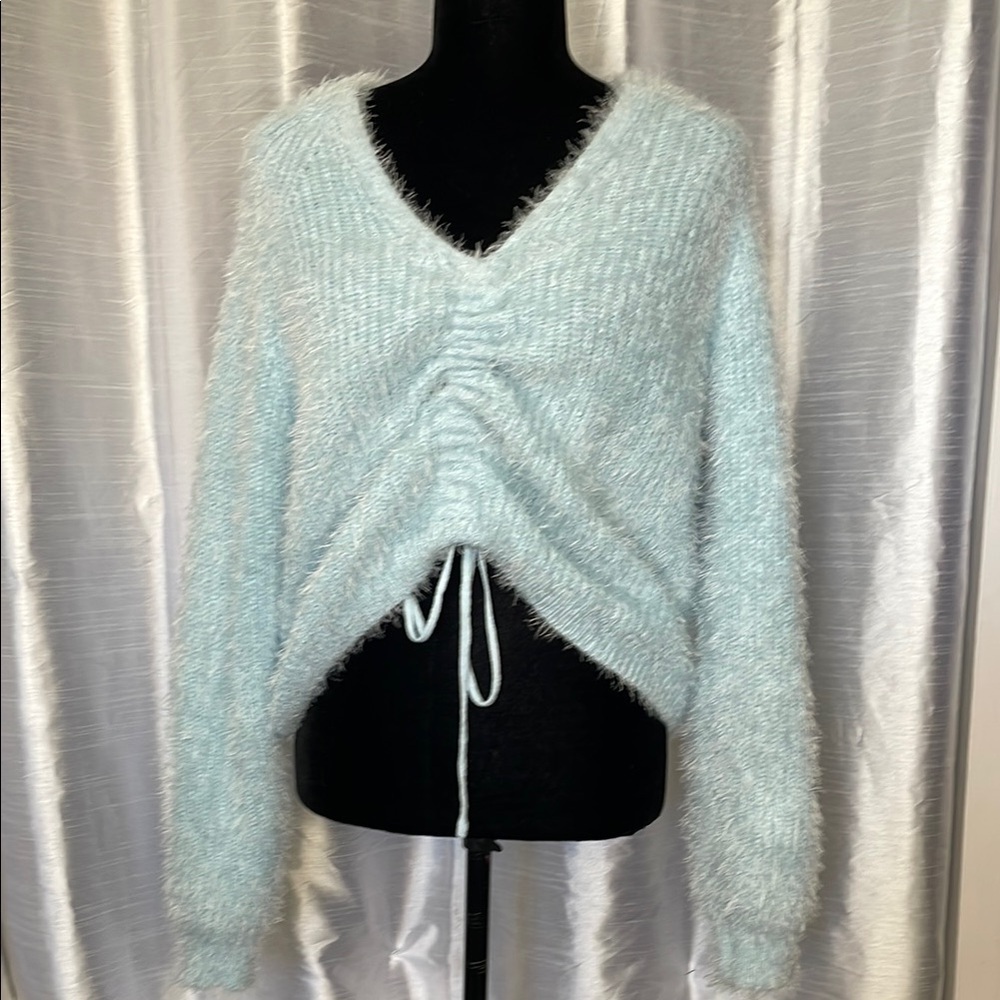 Rue 21 Women’s L V Neck Eyelash Fuzzy Long Sleeve Cinch Acrylic Blend Sweater